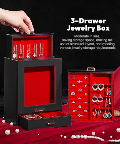 Homde Jewelry Organizer Girls Women Jewelry Box for Necklaces Rings Earrings Gift Bracelets Storage Case (Black + Red + Gold) - color: Black + Red + Gold