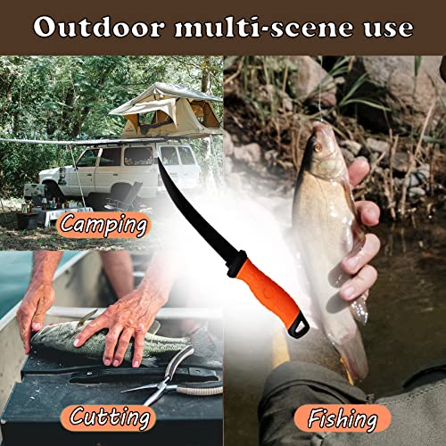 Fish Fillet Knife, 7 Inches Professional Fishing Fillet Knife Set Stainless Steel Blade in Corrosion Resistant Coating, with Sharpener and Cutting Resistant Gloves, for Fishing and Outdoor, Orange - color: Orange