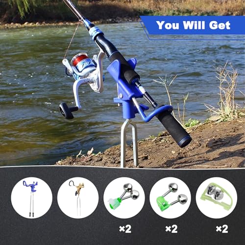 Two-Piece Fishing Rod Stand Set (Including 6 Alarm Bells),360-degree Adjustable Shore Fishing Ground Plug
