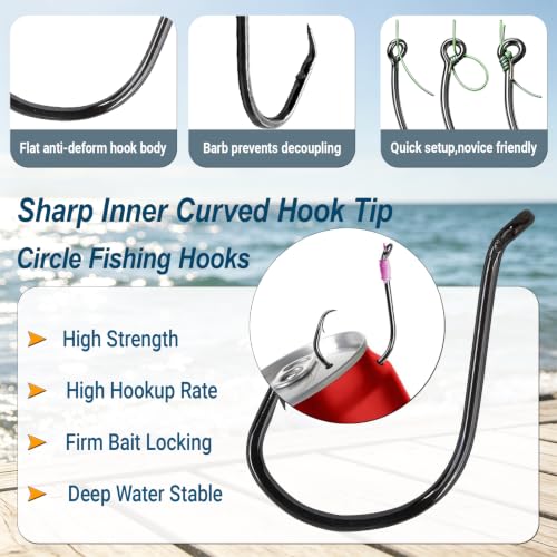 AMYSPORTS Bass Saltwater Offset Circle Hooks Wide Gap | Live Bait Fishing Hooks Catfish Freshwater Carbon Steel Fishing Hook Sharp Barbed - size: Size 2/0 50pcs