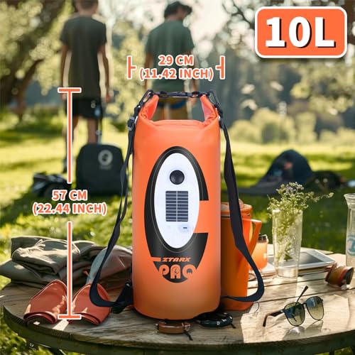 FELICON Waterproof Dry Bag Backpack with Bluetooth Speaker, 10L Roll Top Floating Sack, Solar & USB-C Powered Emergency Charger, RGB Light, Heavy Duty PVC for Kayaking Camping, Orange - color: Orange, size: 10L