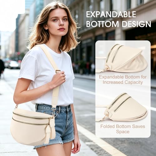 Checkered Nylon Crossbody Bag Bum Bag for Women Mom Large Checkered Fanny Packs with Adjustable Strap - color: Beige