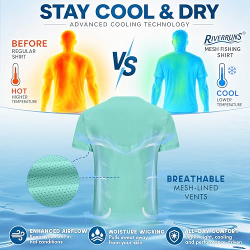 Riverruns Men's UPF 50+ Fishing Shirt, Quick Dry Cooling Short Sleeve Performance Tee with Breathable Mesh Back - color: Green, size: Small