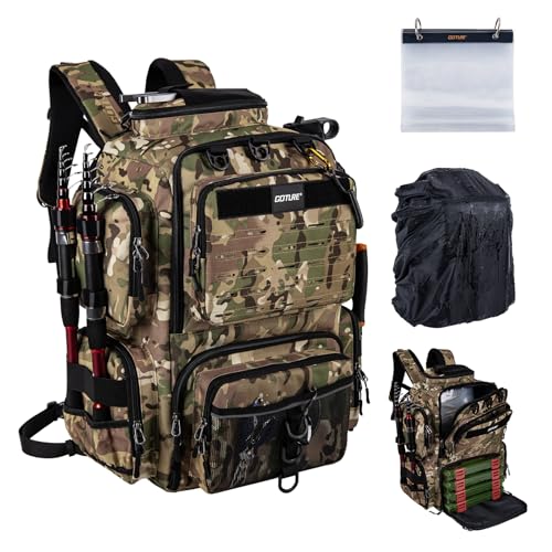 Goture Fishing Backpack,900D Water-Resistant Tackle Backpack with Rod Holders, SBS Zippers,45L Large Fishing Bag Storage Gear Tackle Bag with Rain Cover, Bottle Holder for Travel Camping Hiking - color: A1:A1 Camo(Only Bag), size: Without Tackle Boxes
