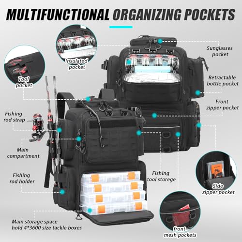 Tactical Fishing Backpack with Tackle Boxes, Rod Holders & Bottle Holder, 50 L Large Tackle Box Backpack with Cooler, Fishing Tackle Bag with Trays Store Gear & Equipment, Black - color: Black