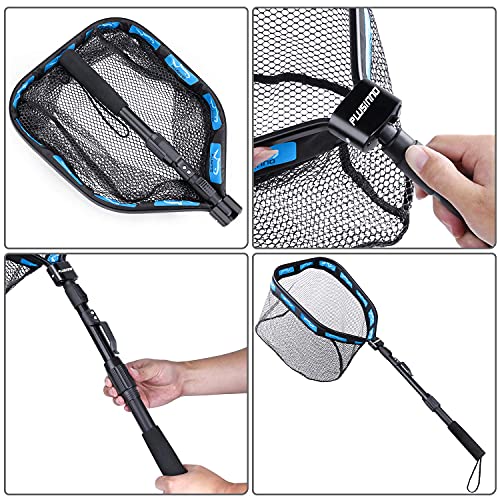 PLUSINNO Floating Fishing Net for Steelhead, Salmon, Fly, Kayak, Catfish, Bass, Trout Fishing, Rubber Coated Foldable Landing Net with Fixed or Telescoping Pole Handle, Fishing Gear and Gifts for Men - color: 19.7"/50cm Hoop Size length 1.35M Blue (Telesc