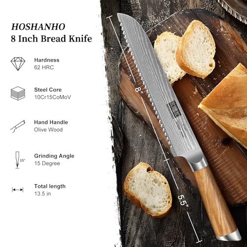 HOSHANHO Bread Knife 8 Inch, Damascus Steel Bread Kitchen Knife with Ergonomic Olive Wood Handle, Professional Ultra-Sharp Serrated Knife for Homemade Bread, Sourdough Bread Cutting - style: 8.1 Inch Bread Knife