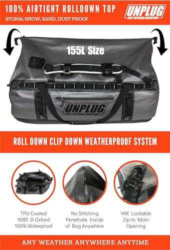 UNPLUG Ultimate Adventure | 1680D Heavy Duty Waterproof Bag | Large Travel Bag which can be Used for Camping, Motorcycling, Boating, or Hunting|155L Storm Grey - color: Storm Grey, size: 155L