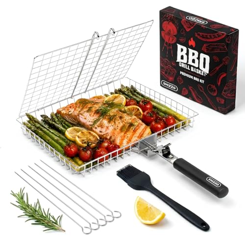 SHIZZO Grill Basket Gift Set - Removable Wooden Handle - Non-Stick Stainless Steel, BBQ Grilling Rack for Fish, Shrimp, Vegetables - Camping & Outdoor Smoker Accessories, Gifts for Dad, Husband