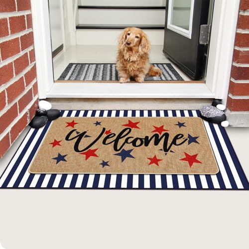 Tinideya 2 Pcs 4th of July Door Mat Outdoor Patriotic 250th Anniversary Welcome Doormat for Front Door Linen Rubber Layered USA Red White Blue Rug Nonslip Independence Day Decor for Porch Entryway - size: 16 x 28 Inch,24 x 35 Inch, style: Black and White