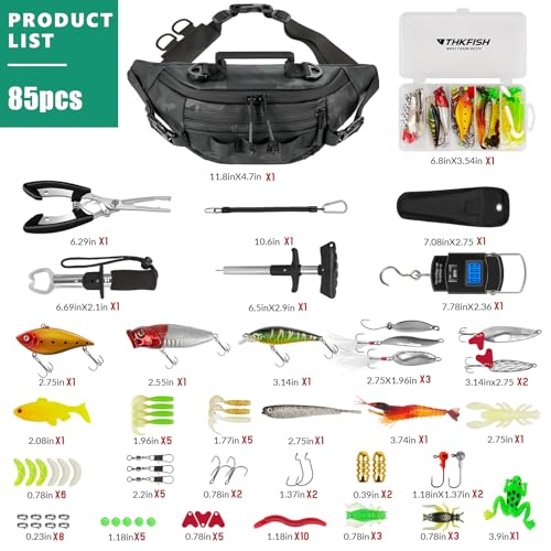 THKFISH Fishing Waist Pack Bag with Tackle Box, Small Fishing Sling Fanny Pack with Lure Kit, Fish Pliers Kit, Lip Gripper, Weigh Scale