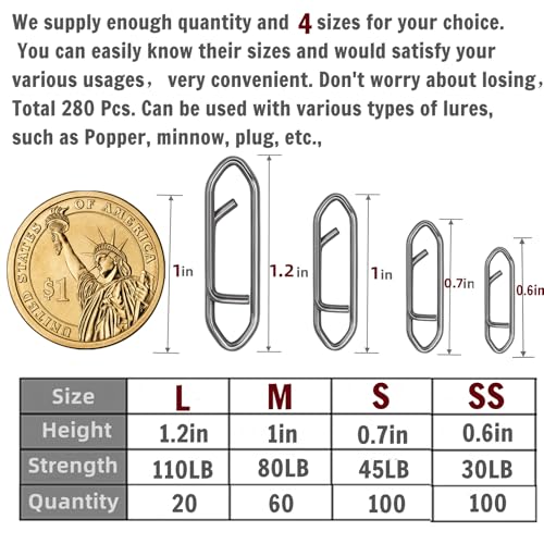 280Pcs/Box Stainless Steel Fishing Power Speed Clips (SS:100Pcs,S:100Pcs,M:60Pcs,L:20Pcs) High Strength Fishing Connector Swivels Snaps for Quick Change Lure Tackle Saltwater Freshwater