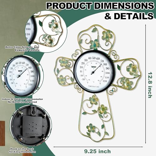 Wall Thermometer Indoor Home with Cross and Floral Design - Metal Prayer Room Decor for Christian, Green Flower Wall Thermometer for Living Room, Bedroom - Accurate Temperature Gauge - color: A-Christian Cross