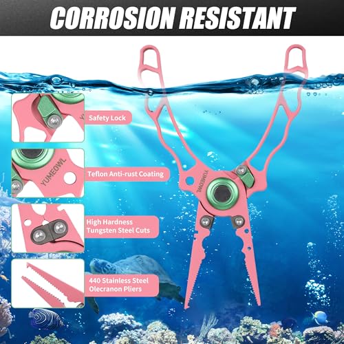 Fishing Pliers with Innovative Ergonomical Handle, Corrosion Saltwater Resistant,Fishing Multitool Hook Remover Braided Fishing Line Cutting, Split Ring with Coiled Lanyard and Sheath - color: Pink-6.6"