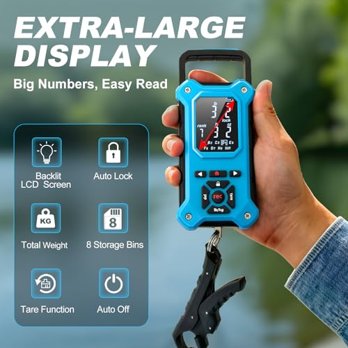 SNAIL TRAIL 8 Storage Bins Digital Fishing Scale & Lip Gripper with Auto-Rank, Large & High Contrast Backlit LCD Display, Multi-Mode(LB, LB-OZ, KG), 50 lbs Tournament Bass Fish Weigher, Gift for Men - color: Blue