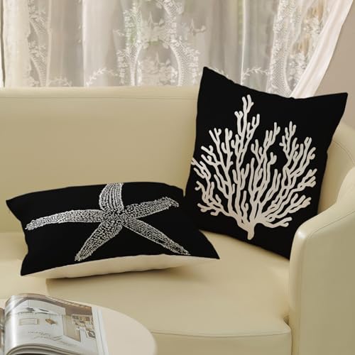 Coastal Pillow Covers 18x18 Set of 2 Black Starfish Throw Pillows Nautical Ocean Decorations Summer Beach Coral Pillowcase Outdoor Decor Linen Farmhouse Square Cushion Case for Sofa Bedroom - color: Black Starfish Coral, size: 18" x 18" (Pack of 2)
