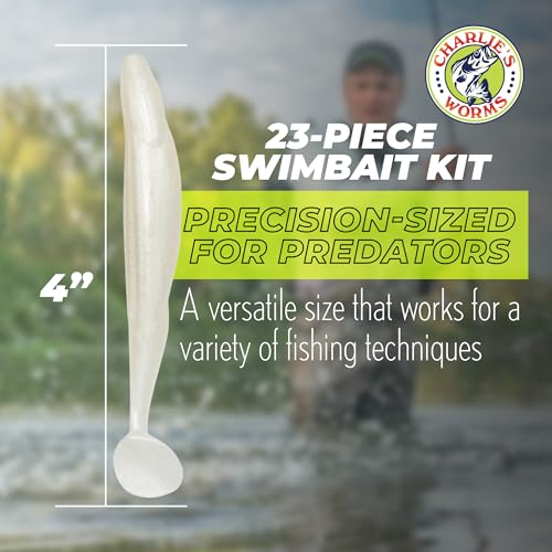 Charlie's Worms Bass Lures Freshwater Fishing Lure - Scented Artificial Softbait for Freshwater & Saltwater Bass Fishing, Swimbait, Softbait - style: Swim Bait Lil Zipper Dipper (23-piece)