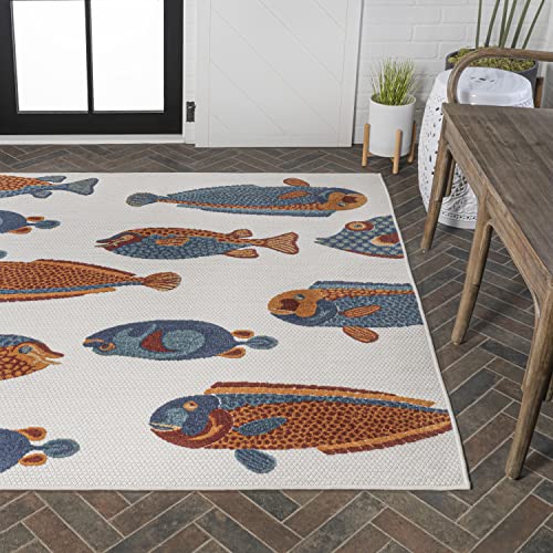 Eyely Fish High-Low Area Rug 5 X 8 Navy/Orange/Cream, Indoor Outdoor Rug | Ships Rolled, Durable Flat Weave, Lays Flat for Backyard, Patio, Porch, Easy-Cleaning, High Traffic,Pet-Friendly,Non-Shedding