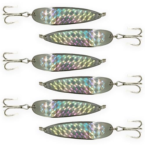 Crocodile Spoon Fishing Lures 1oz, 6 Pcs Silver Chrome with Treble Hooks, for Saltwater & Freshwater Fishing, Includes Sharp Hook Setup, Ideal for Tuna, Trout, Bass, Walleye, Halibut & More