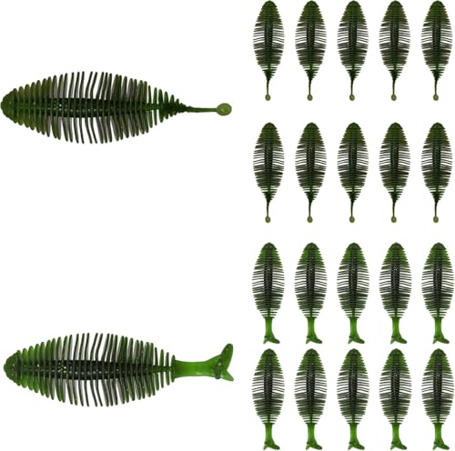 Eupheng 20PCS Soft Plastic Swimbait, Ribbed Plastic Baits with Tickle/Paddle Tail, Fishing Worms Bionic Soft Leech Fishing Minnow Bait for Bass, Pike, Trout, Walleye - color: Dark Green, size: 7cm(2.75inch)