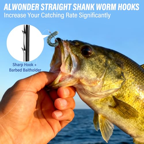 Alwonder Worm Fishing Hooks Straight Shank Baitholder Hooks for Bass Fishing Heavy Cover Bait Holder Design Freshwater Flipping Punching Pitching Texas Drop Shot Neko Rig #1#1/0#2/0#3/0#4/0