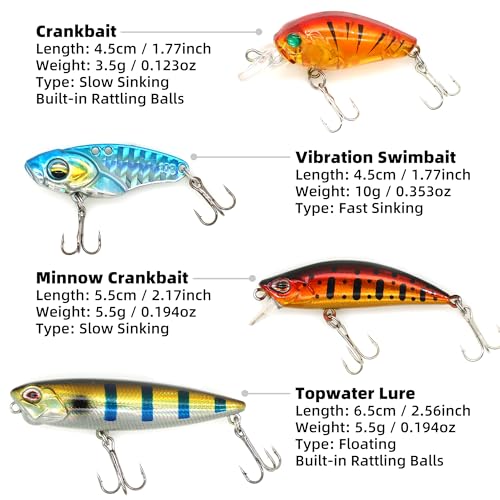 Kilitn Fishing Lures Kit, Artificial Fishing Bait, 152-Piece Tackle Box with Crankbait, Swimbait, Topwater Lure, Soft Bait, Hooks, Jigs, Crankbait Snaps, Lure Gear Kit for Bass Freshwater Saltwater