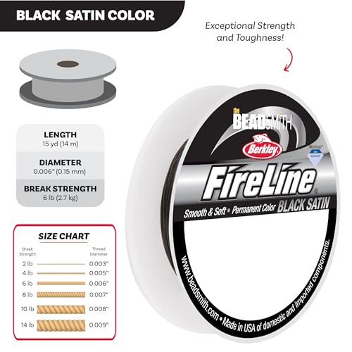 The Beadsmith Fireline by Berkley – Micro-Fused Braided Thread – 6lb. Test, .006”/.15mm Diameter, 15 Yard Spool, Black Color – Super Strong Stringing Material for Jewelry Making and Bead Weaving - color: Black, size: 6lb, .006”, 15 yard