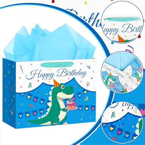 Hooqict Large Dinosaur Gift Bag with Handles, Tissue Paper and Greeting Card Blue Dinosaur Happy Birthday Party Bag for Boys Kids Goodie Treat Candy Party Favors - color: Dinosaur