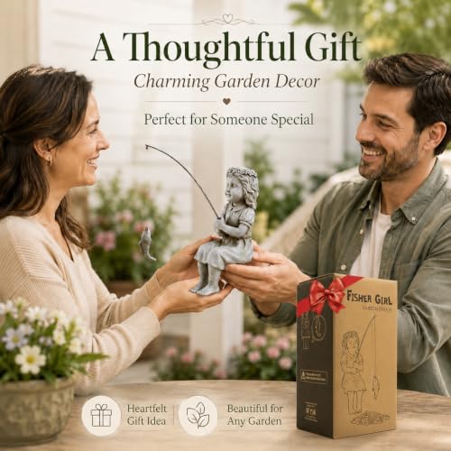 Goodeco Fishergirl Statue Garden Decor - 11" Little Fishing Guy for Koi Pond or Waterfalls, Poolside Statue with Glow in Dark Pebbles Included, Great Gifts for Mom, Women or Birthdays, Gift Ideas - color: Fishergirl