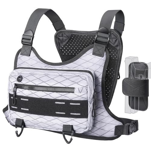 RXW Outdoor Sport Chest Rig for Men Women, Running Vest Bag with Pack Holster, Chest Pack Built in Phone Holder for Cycling, Camping,Travel, Hiking, Workouts, EDC（White） - color: White