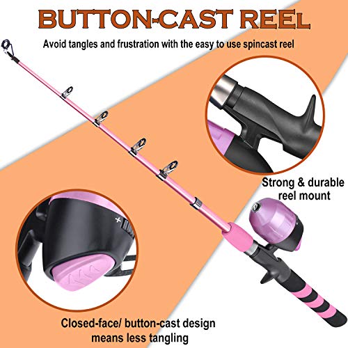 PLUSINNO Kids Fishing Pole, Portable Telescopic Fishing Rod and Reel Combo Kit - with Spincast Fishing Reel Tackle Box for Boys, Girls, Youth - color: Pink, size: 5.91 ft