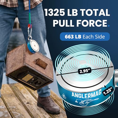 AnglerMag Magnet Fishing Kit - 1325 lbs Double Sided Neodymium Magnetic Fishing Stuff with Rope - 10 PCS Extra Strong Complete Gift Set with eBook, Carabiner, Gloves, Grappling Hook & Carrying Bag - size: 1325 LB