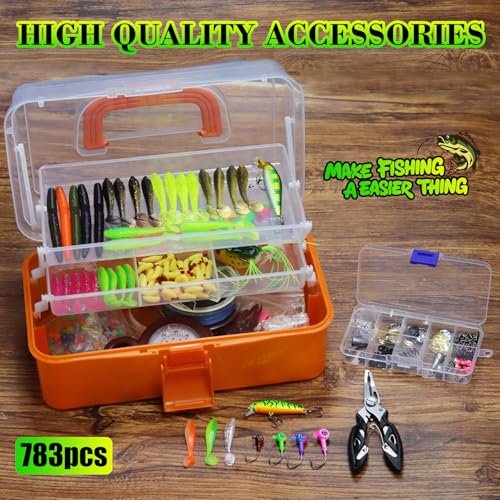 Freshwater Tackle Box, Fishing Tackle Storage with Orange Handle, Clear Plastic Container