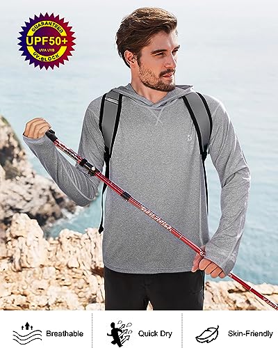 Roadbox Mens UPF 50+ Fishing Shirts, Long Sleeve UV Sun Hoodie, Hiking Running Swim Athletic Workout Shirt - color: A02-gray, size: 3X-Large