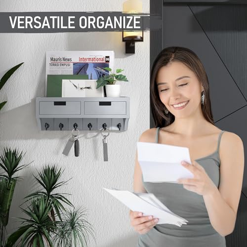 Rebee Vision Key Holder Wall Mount with 2 Drawer Organizer : Mail Organizer for Wall with 6 Key Hooks & Shelf - Stylish Apartment Essentials for Aesthetic Room Decor (Light Gray) - color: Gray, style: 2-Drawer
