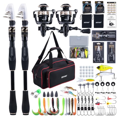 GOTURE Telescopic Fishing Rod and Reel Combos, Carbon Fiber Travel Fishing Pole, 9+1 BB Spinning Reel, Saltwater Freshwater Fishing Gear Kit with Braided Line, Lures, Carrier Bag for Bass Trout - color: 2 Rod & 2 Reel Spinning Fishing Combo - Oxford Soft