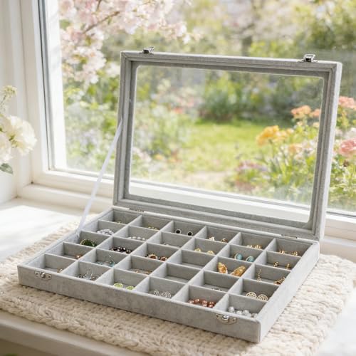 Wudygirl 30 Grid Jewelry Organizer Velvet Jewelry Box Jewelry Tray with Clear Lid Storage Case Showcase Display Stackable Removable (30 Grid) - color: Gray, size: 30 Grid