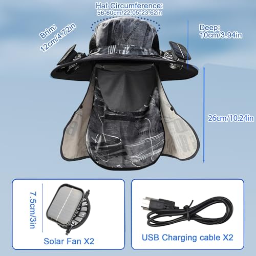 Solar Fan Hat, Wide Brim Solar Fan Outdoor Fishing Hat, 2 Solar Fan Hats for Men, USB Waterproof Outdoor Hiking Camping Fishing Hat with Removable Neck Flap and Face Cover for Fishing Black