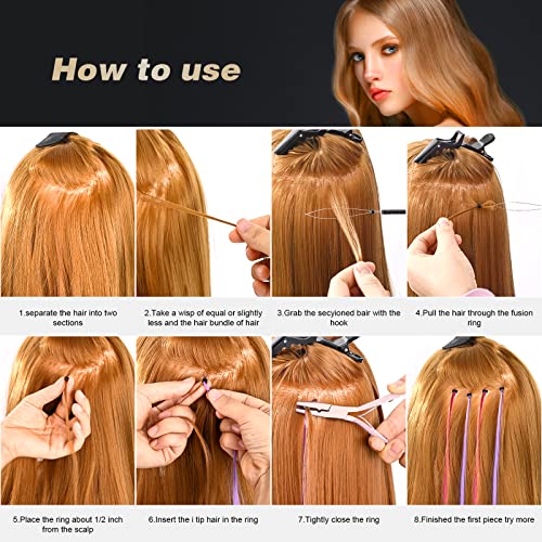 EHDIS Hair Extension Beading Tool Kit Stainless Steel Hair Extensions Micro link Bead Closer and Remover Pliers set, Beads Hair Pulling Hook & Micro Ring Loop Tool Set - color: Pink