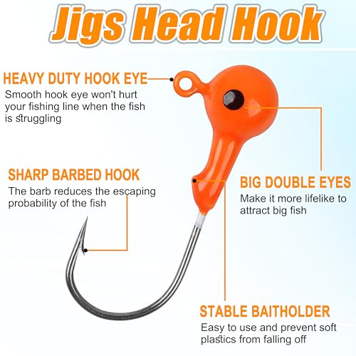 Fishing Jig Head Hooks Round Ball Head Jigs Hook Crappie Jig Lure Hook Kit Fishing Lures Jig Head Baits Assorted 1/32oz, 1/16oz, 1/8oz, 1/4oz, 3/8oz - size: 1/4oz,40 pack