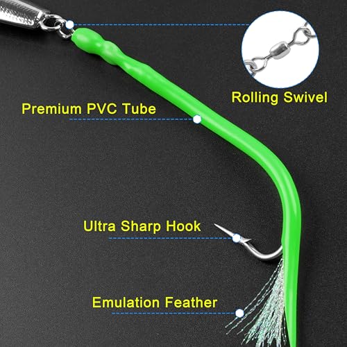 Diamond Jig Saltwater Fishing Lures Casting Jigging Spoon with Tube Tail Stainless Steel Hooks Trolling Lures Striped Bass Metal Jig for Deep Sea Surf Fishing Bottom Dragging Sinking - color: Green, size: 8 oz
