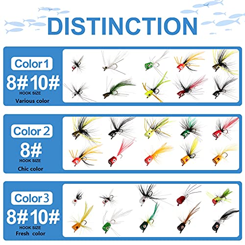 30 Pcs Fly Fishing Poppers Flies Kit, Topwater Bass Popper Lures with Hooks Colorful Freshwater Fly Popper Assortment for Bluegill Panfish Perch Crappie(Size 8,Chic Colors) - color: Chic Colors