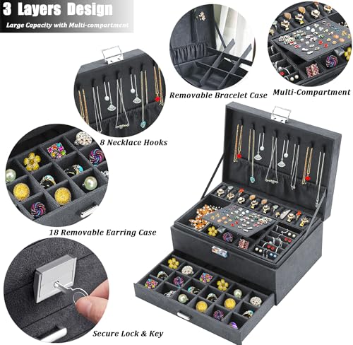 QBestry 3-Layer Jewelry Box for Women with Lock and Key & Drawer, Large Jewelry Organizer with 8 Necklace Hooks & 56 Earring Holes, Grey Velvet Jewelry Storage Box for Necklaces Earrings Ring Bracelet - color: Grey
