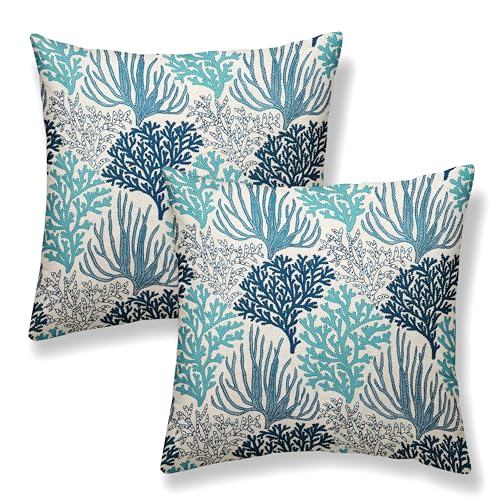 Coastal Pillow Covers 16x16 Inch 2 Pcs Blue Teal Turquoise Coral Summer Outdoor Decor Throw Pillows Nautical Sea Ocean Themed Holiday Decoration Pillowcase Linen Cushion Cover for Couch Sofa - color: Blue Teal Coral, size: 16" x 16" (Pack of 2)