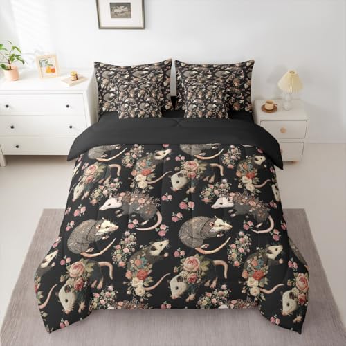 Erosebridal Opossum Comforter Set with Sheets King Size Rosy Animal 7-Piece Bedding Set for Kids Boys Girls Floral Garden Natural Romantic Wildlife Beige Black Pink Lightweight Bed in A Bag - color: Beige Black Pink, size: King