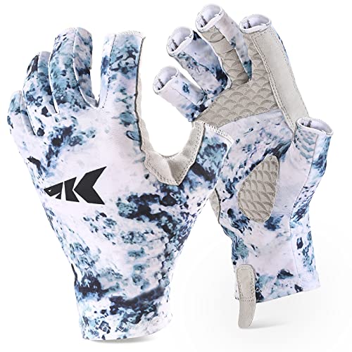 KastKing La Sal Fishing Gloves UPF50+ Sun Gloves UV Protection Fingerless Gloves Men Women for Outdoor, Kayaking, Rowing, Paddling, Canoeing, Hunting - color: A: Boulder Camo Ice, size: Large-X-Large