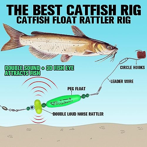 Catfish-Rig-for-Bank-Fishing-Catfishing-Tackle-Floats-with-Rattler-Santee Cooper Rig Equipment - color: Green-4 Pack, size: 3 inch