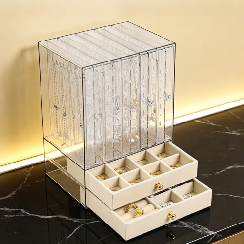 Greenfeather Jewelry Organizers and Storage, Clear Acrylic Jewelry Box with 40 Necklace Hooks 120 Pairs of Earring Holes 2 Velvet-Lined Drawers for Rings Necklaces Earrings - color: Off-White-Style A