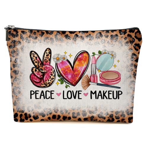 JIUWEIHU Peace Love Makeup Bag, Leopard Print Gifts for Women Cosmetic Bags Travel Organizer Bag Zipper Pouch, Birthday Leopard Gifts for Women Friend Colleague Sister Niece Mom - color: Multicolor 0067