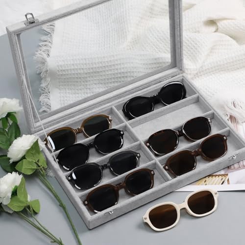 Wudygirl Jewelry organizer Sunglass Organizer 8 Slot Velvet Jewelry Tray Sunglasses Case with Lid Multi Eyeglass Case for Women Men（8 Grid - color: Gray, size: 8 Grid